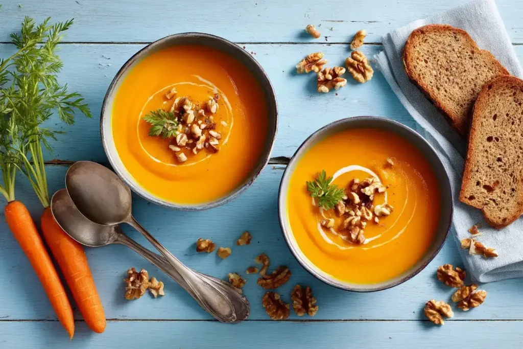 Frische Möhren, Ingwer, Zwiebel und Currypulver als Zutaten für die schnelle Möhrensuppe