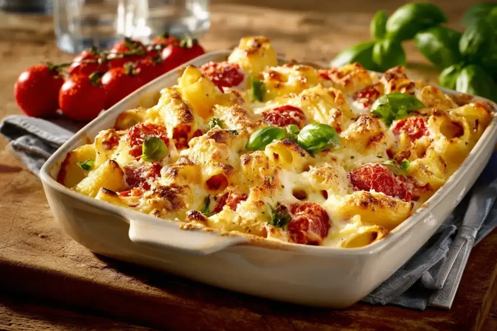 Schneller Nudelauflauf Tomate Mozzarella Cremiger Nudelauflauf mit Tomate und Mozzarella in Auflaufform, goldbraun überbacken