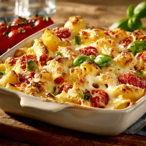 Cremiger Nudelauflauf mit Tomate und Mozzarella in Auflaufform, goldbraun überbacken