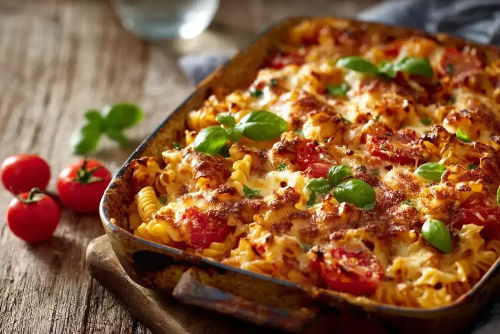 Nudelauflauf Tomate-Mozzarella mit drei Hauptzutaten rundherum: Kirschtomaten, Basilikum, Mozzarella