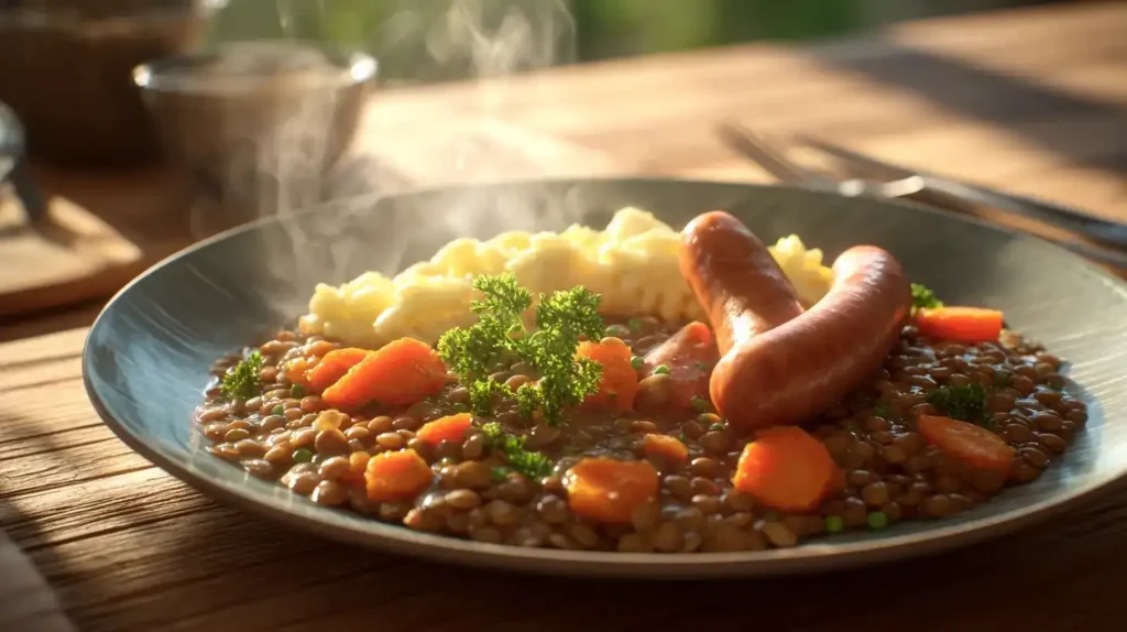Schwäbische Linsen mit Spätzle – Herzhaft, hausgemacht und einfach köstlich! Linsen mit Spätzle und Würstchen auf Teller serviert, traditionelles deutsches Hausmannskostgericht