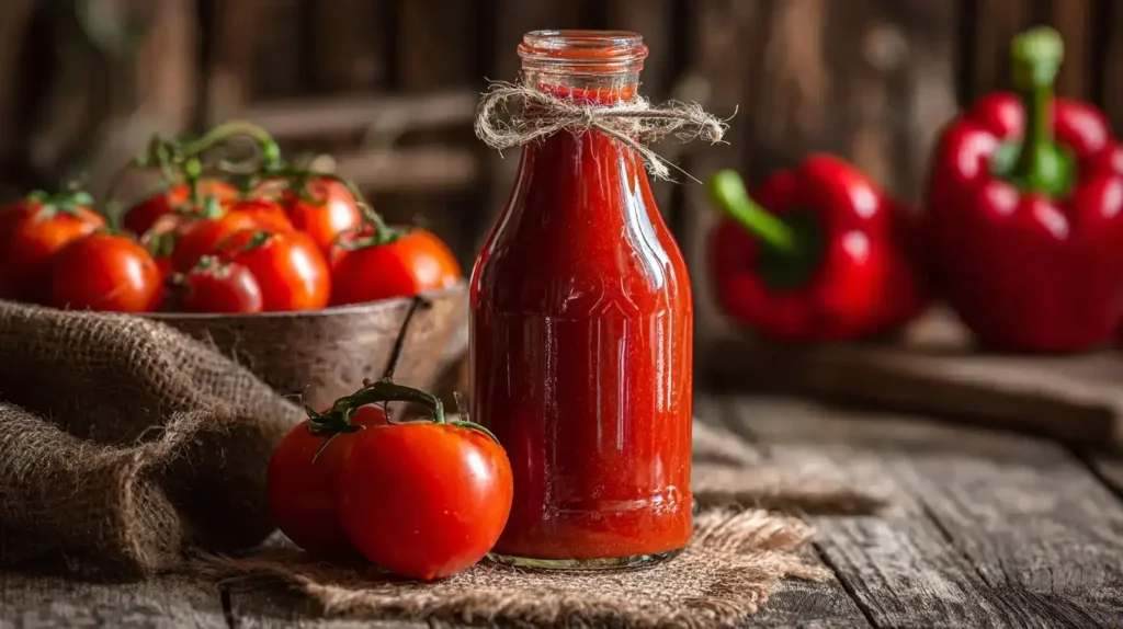 Ketchup selber machen – Natürlich, lecker und kinderfreundlich Glasflasche mit selbstgemachtem fruchtigen Ketchup auf Holztisch