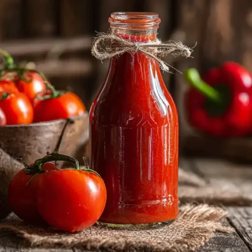 Glasflasche mit selbstgemachtem fruchtigen Ketchup auf Holztisch
