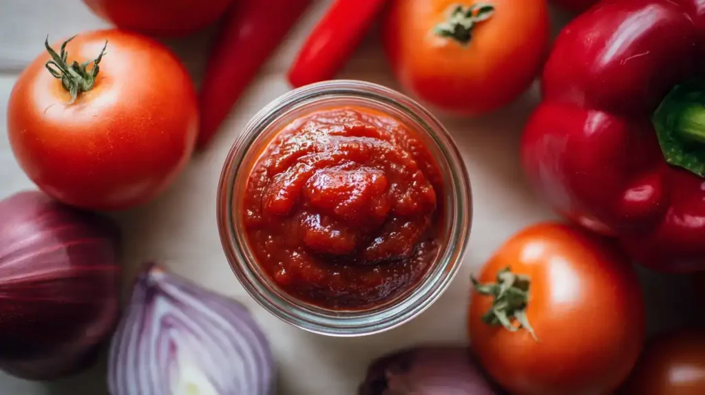 Selbstgemachter Ketchup im Glas mit Tomaten, Paprika und Zwiebel im Hintergrund