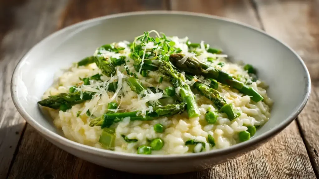 Cremiges Spargelrisotto mit grünem Spargel, Parmesan und frischen Kräutern serviert