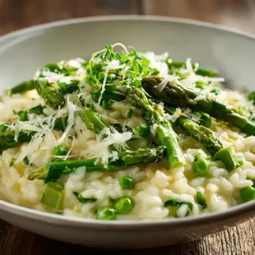 Cremiges Spargelrisotto mit grünem Spargel, Parmesan und frischen Kräutern serviert
