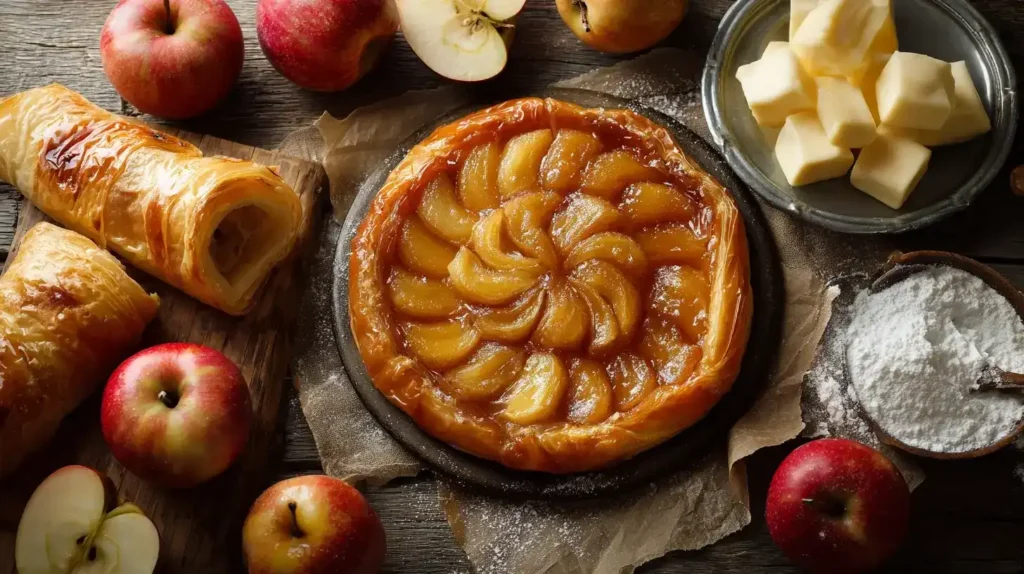 Äpfel in Karamell in einer Pfanne für Tarte Tatin mit Blätterteig
