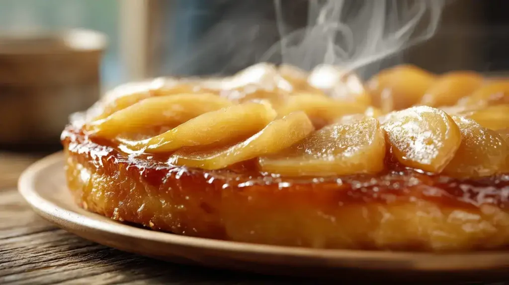Tarte Tatin mit Apfel und Blätterteig – Der französische Klassiker leicht gemacht Tarte Tatin mit Apfel und Blätterteig auf Teller serviert, goldbraun karamellisiert, französisches Dessert