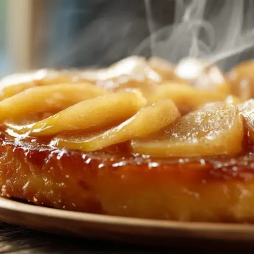 Tarte Tatin mit Apfel und Blätterteig auf Teller serviert, goldbraun karamellisiert, französisches Dessert