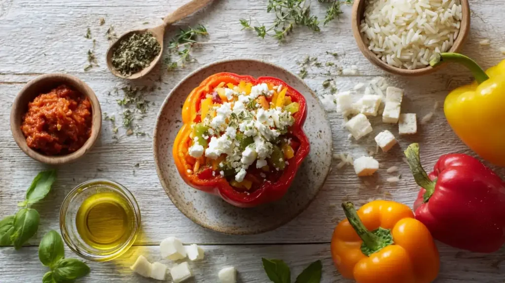 Vegetarische gefüllte Paprika mit Reis, Erbsen und Feta serviert in Tomatensoße