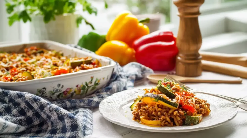 Zutaten für Kritharaki-Auflauf mit Hackfleisch, Feta, Tomaten, Paprika und Zucchini