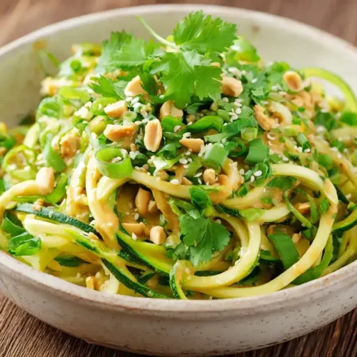 Kalte Zucchini-Nudeln mit Erdnuss‑Sesam‑Soße