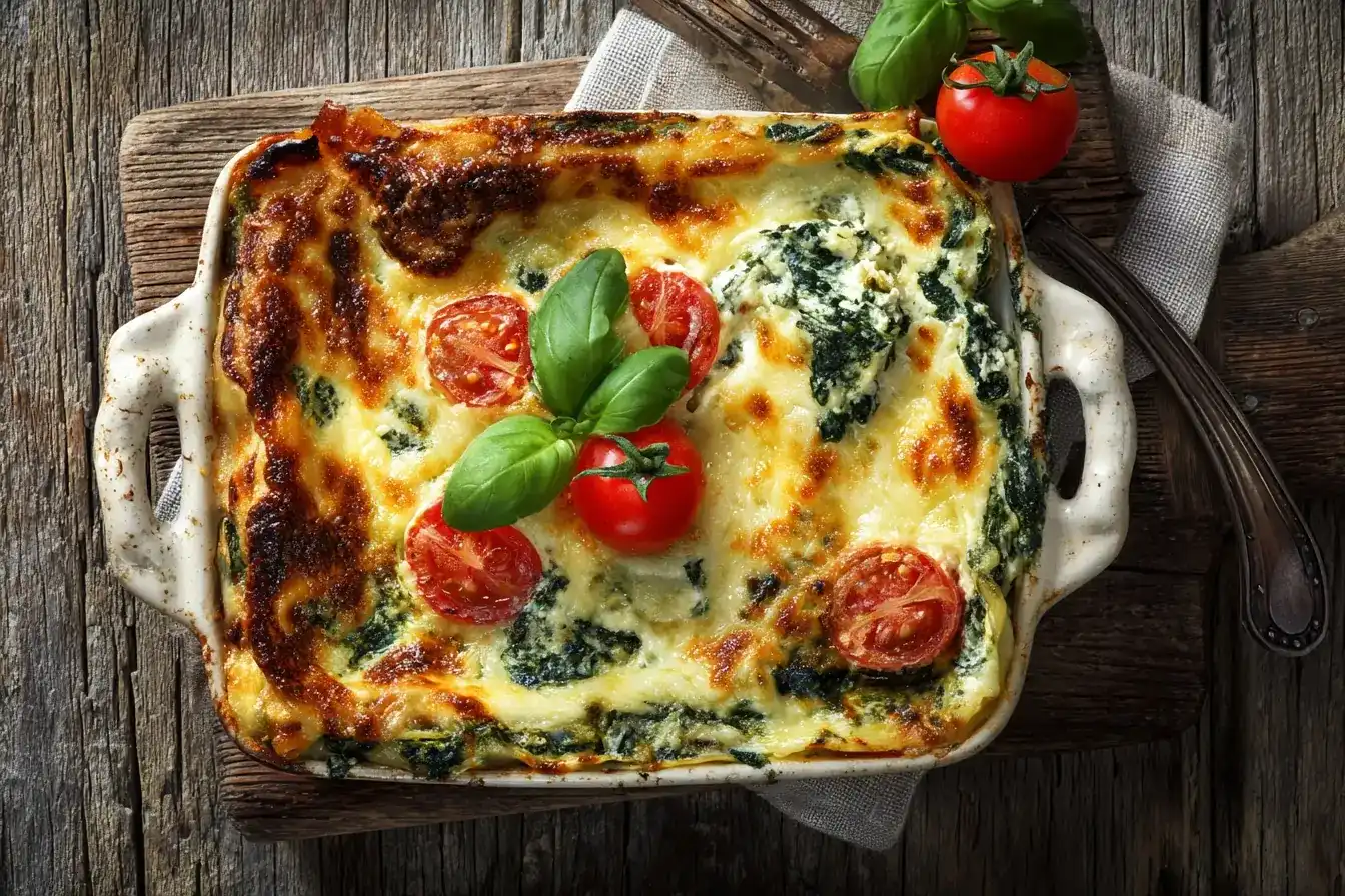 Spinatlasagne mit Feta und Tomaten – einfaches vegetarisches Ofengericht