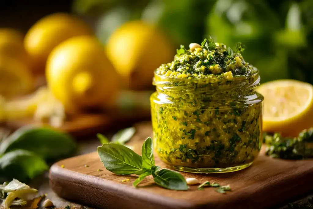 Zitronen-Pesto – Frisches Basilikum-Pesto mit Zitrone und Mandeln