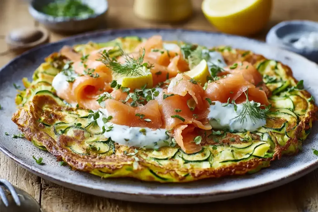 Zucchini-Pfannkuchen mit Kräuterquark und Lachs