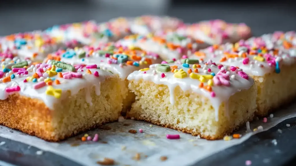 Frisch gebackener ABC-Kuchen vom Blech mit Zitronen-Orange-Glasur und bunten Buchstaben