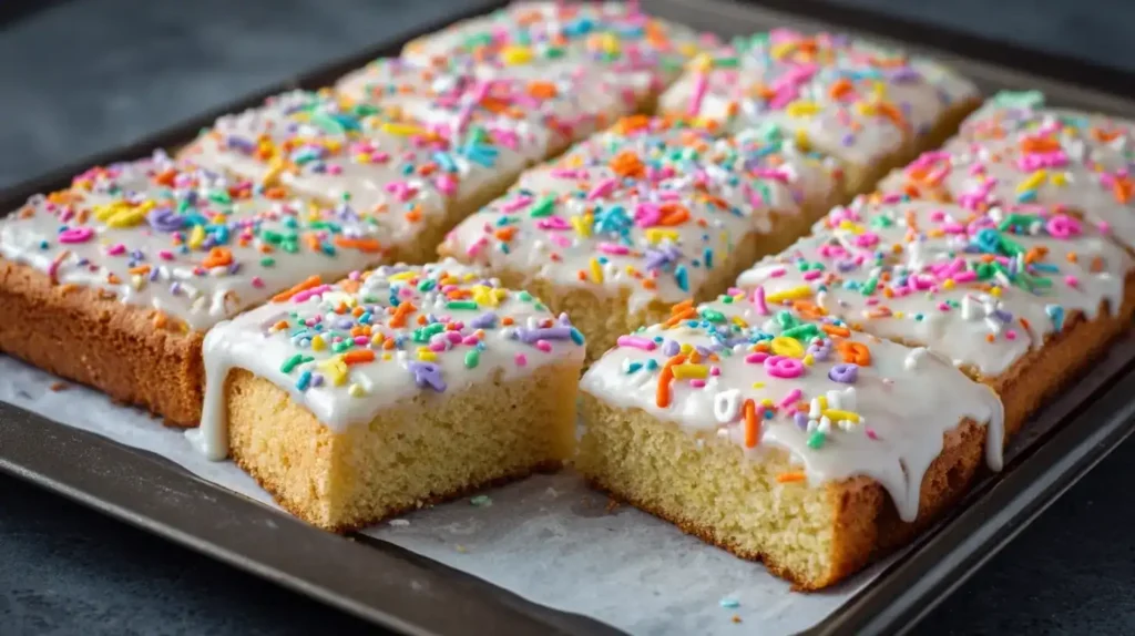 Saftige Stücke ABC-Kuchen vom Blech auf einem Teller, perfekt für Kinder und Familien
