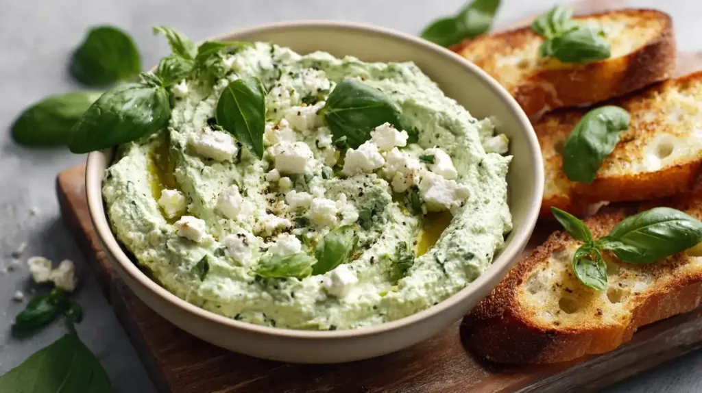 Frischer Dip aus Avocado, Feta und Basilikum mit Knoblauch