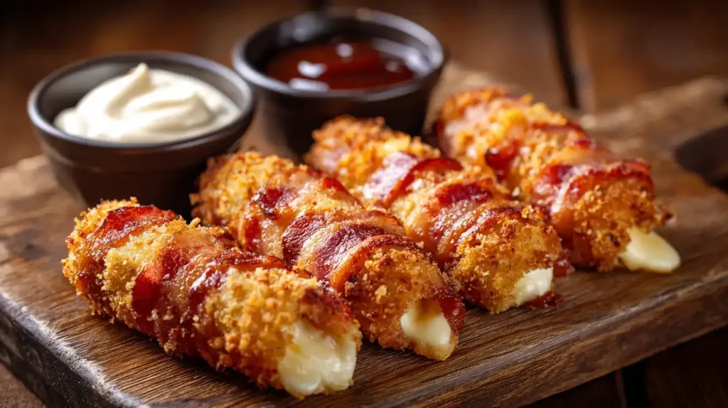 Knusprige Bacon-Mozzarella-Sticks frisch aus dem Ofen auf Holzbrett serviert