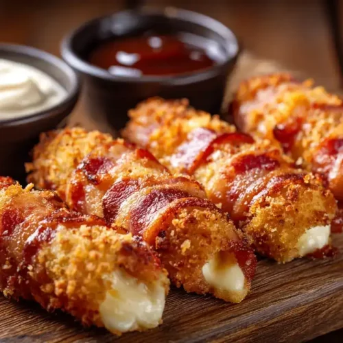 Knusprige Bacon-Mozzarella-Sticks frisch aus dem Ofen auf Holzbrett serviert