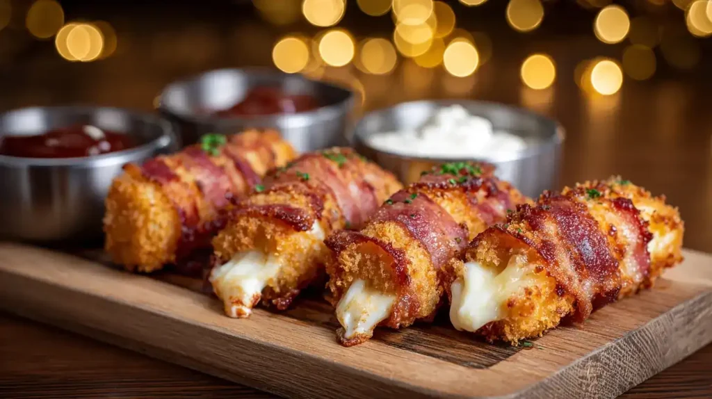 Bacon-Mozzarella-Sticks mit cremigem Käse und Dip als Snack serviert