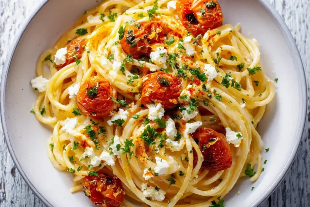 Cremige Baked Feta Pasta aus dem Airfryer mit Tomaten und Petersilie auf Teller serviert