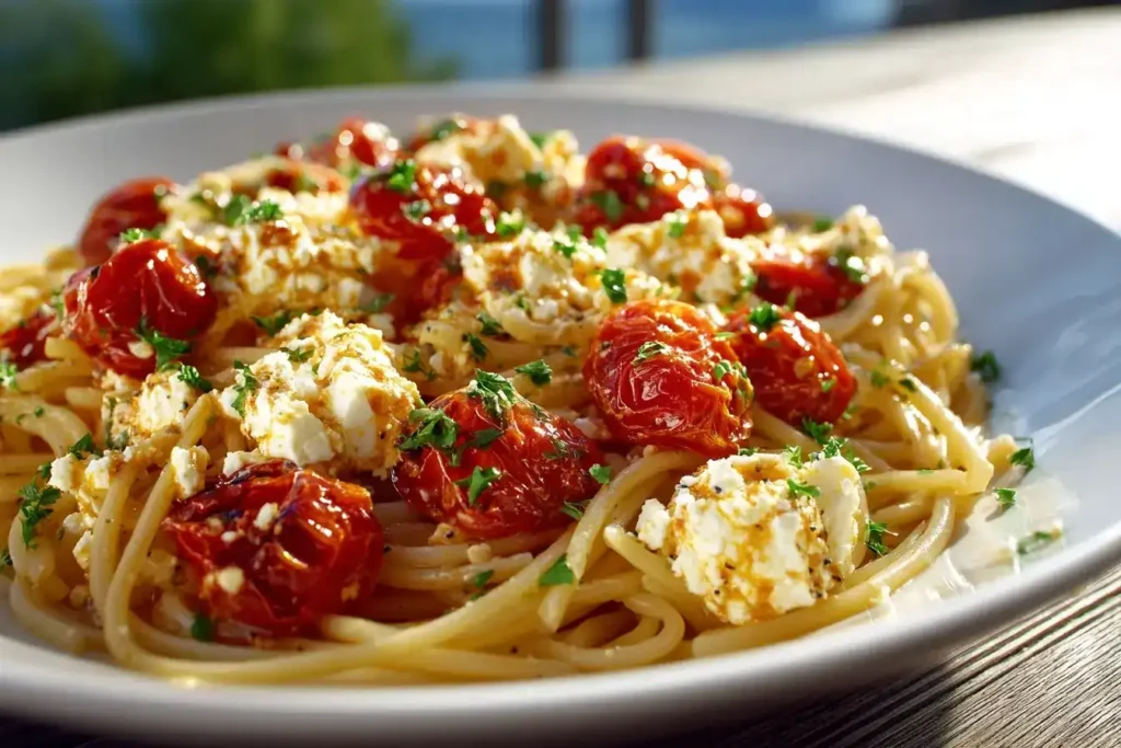 Zubereitung von Baked Feta Pasta im Airfryer mit Feta und Cocktailtomaten