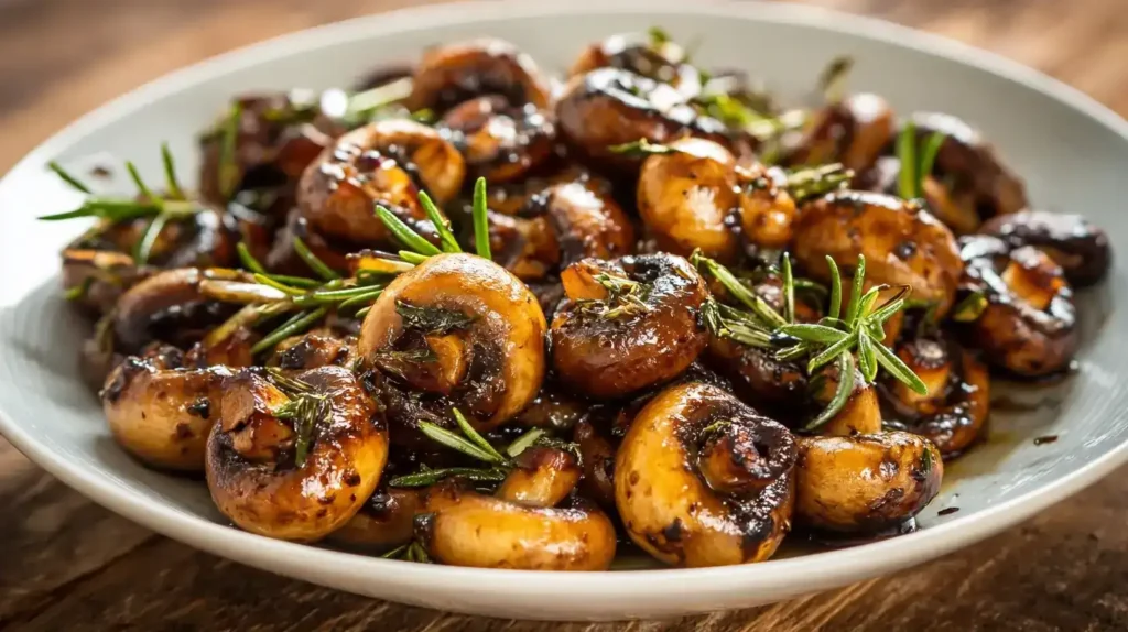 Halbierte Champignons in Balsamico-Marinade im Airfryer vor dem Backen