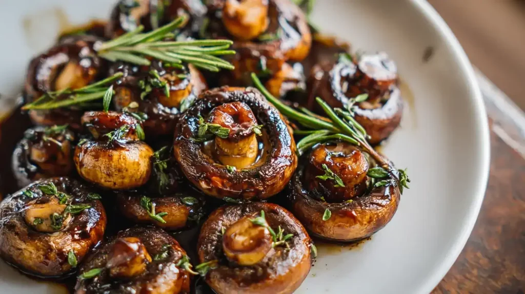Balsamico-Champignons aus dem Airfryer auf Teller serviert, karamellisiert und aromatisch