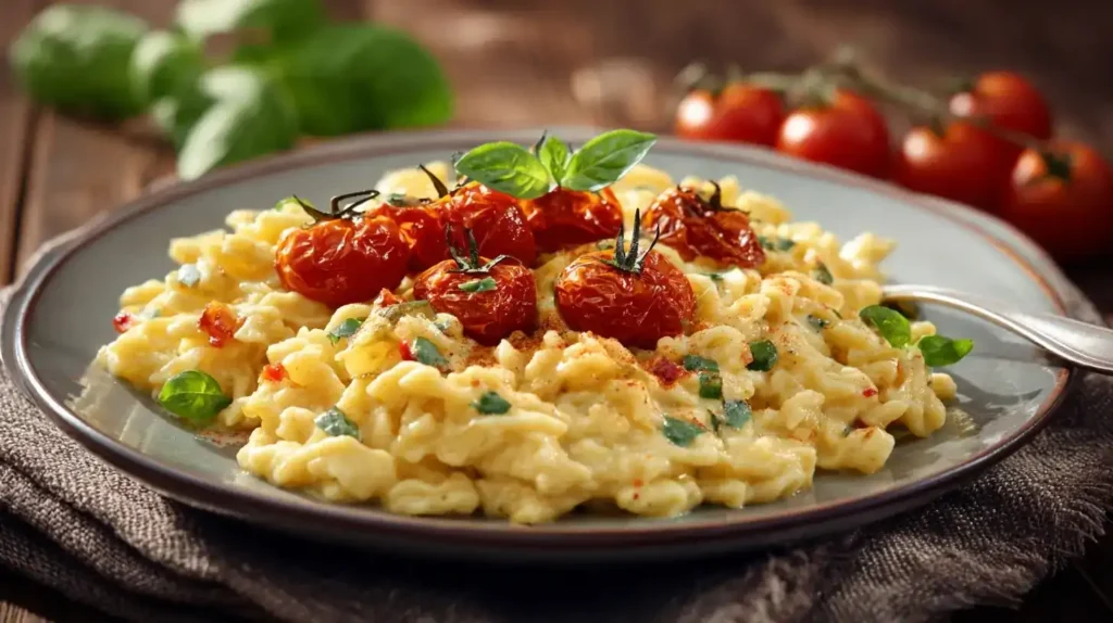 Nahaufnahme von Basilikum-Spätzle mit Pfifferlingsragout, frisches Basilikum garniert, lecker und cremig