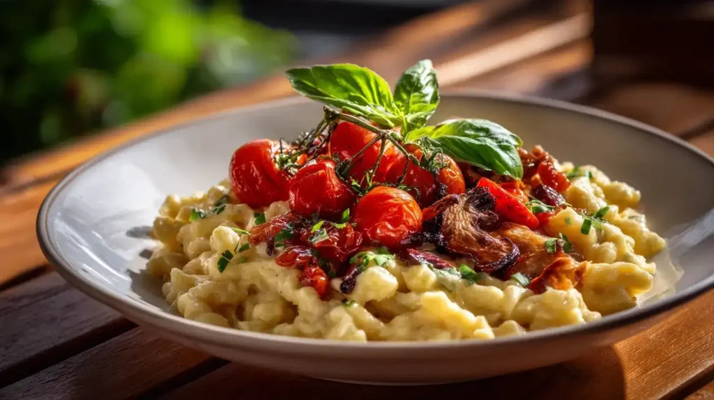 Frisch angerichtete Basilikum-Spätzle mit cremigem Pfifferlingsragout und gerösteten Kirschtomaten
