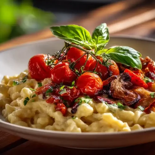 Frisch angerichtete Basilikum-Spätzle mit cremigem Pfifferlingsragout und gerösteten Kirschtomaten