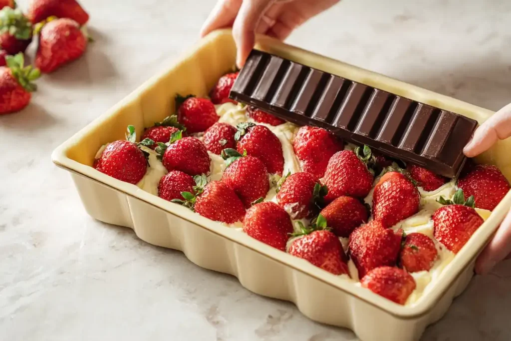 Servierfertiger Blätterteigkuchen mit Erdbeeren und Schokolade aus dem Eierkarton