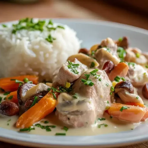 Blanquette de Veau mit cremiger Sauce und Reis serviert