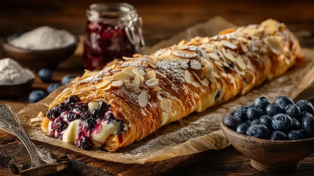 Ganzer Blaubeer-Cheesecake-Plunderzopf mit Mandeln und Puderzucker bestäubt