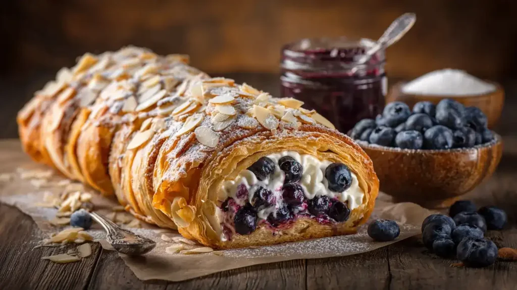 Geschnittener Blaubeer-Cheesecake-Plunderzopf mit cremiger Füllung und Blaubeeren
