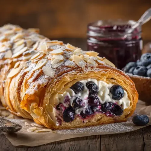 Geschnittener Blaubeer-Cheesecake-Plunderzopf mit cremiger Füllung und Blaubeeren