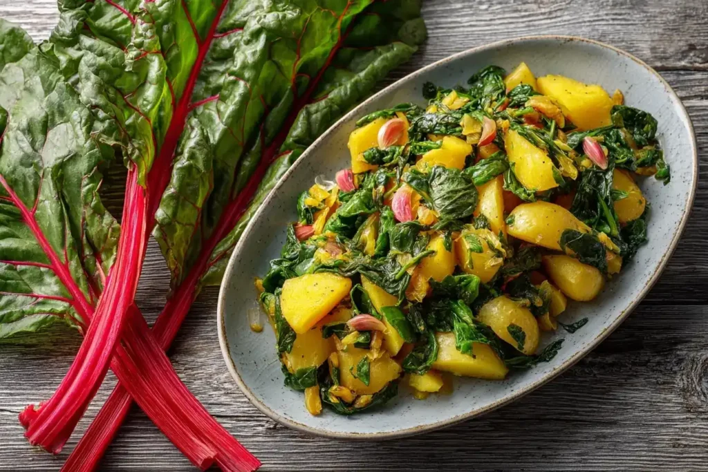 Frisches Blitva Gericht mit Mangold und Kartoffeln in einer Pfanne – traditionell kroatisch und lecker