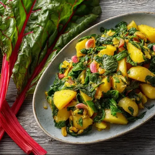 Frisches Blitva Gericht mit Mangold und Kartoffeln in einer Pfanne – traditionell kroatisch und lecker