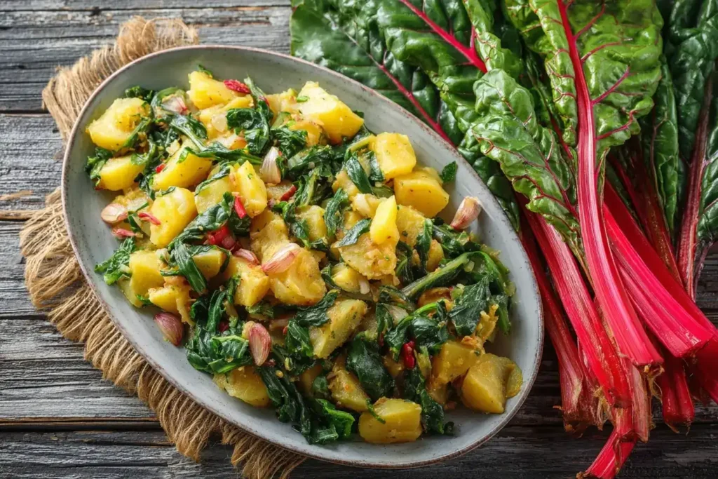 Serviertes Blitva mit Kartoffeln und Mangold auf Teller, mediterrane Küche, kroatisches Rezept