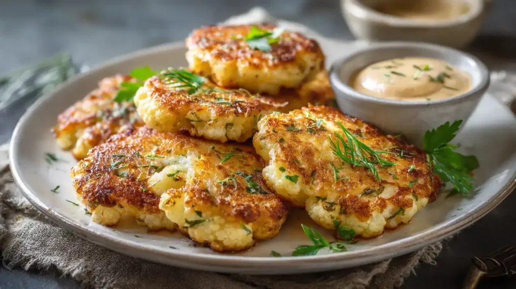 Knusprige Blumenkohlpuffer mit frischen Kräutern und Dip auf weißem Teller