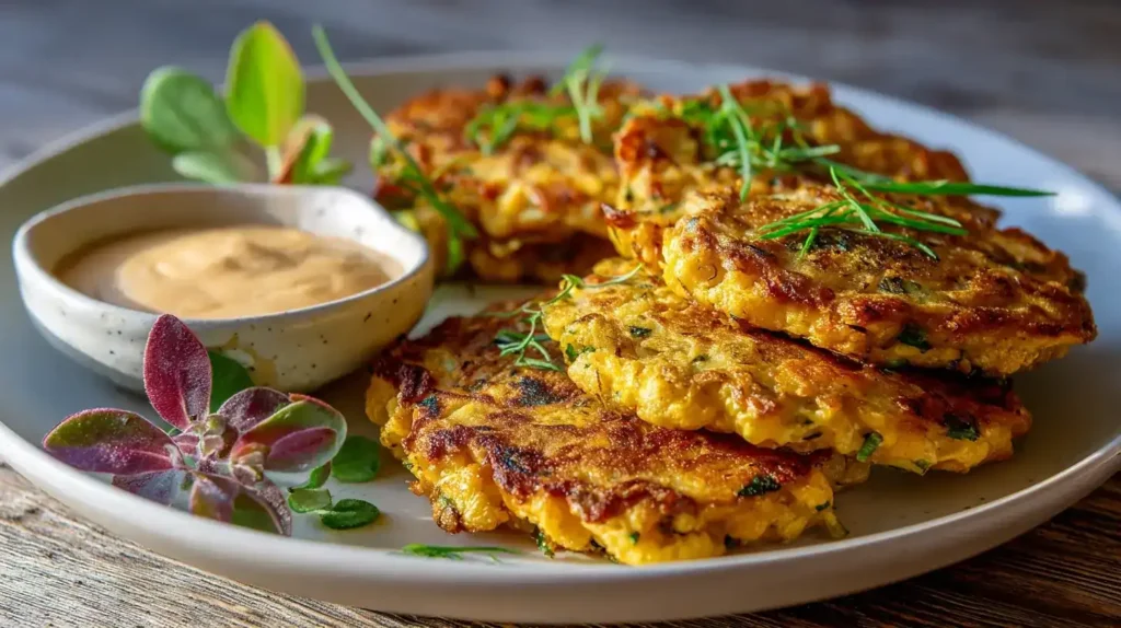 Blumenkohlpuffer serviert auf Teller, perfekt für Familienessen