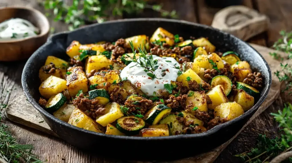 Bratkartoffeln mit Zucchini und Hackfleisch in Pfanne serviert