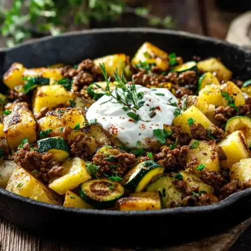Bratkartoffeln mit Zucchini und Hackfleisch in Pfanne serviert