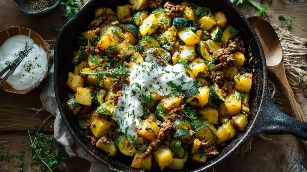 Portion Bratkartoffeln mit Zucchini und Hackfleisch mit Joghurt