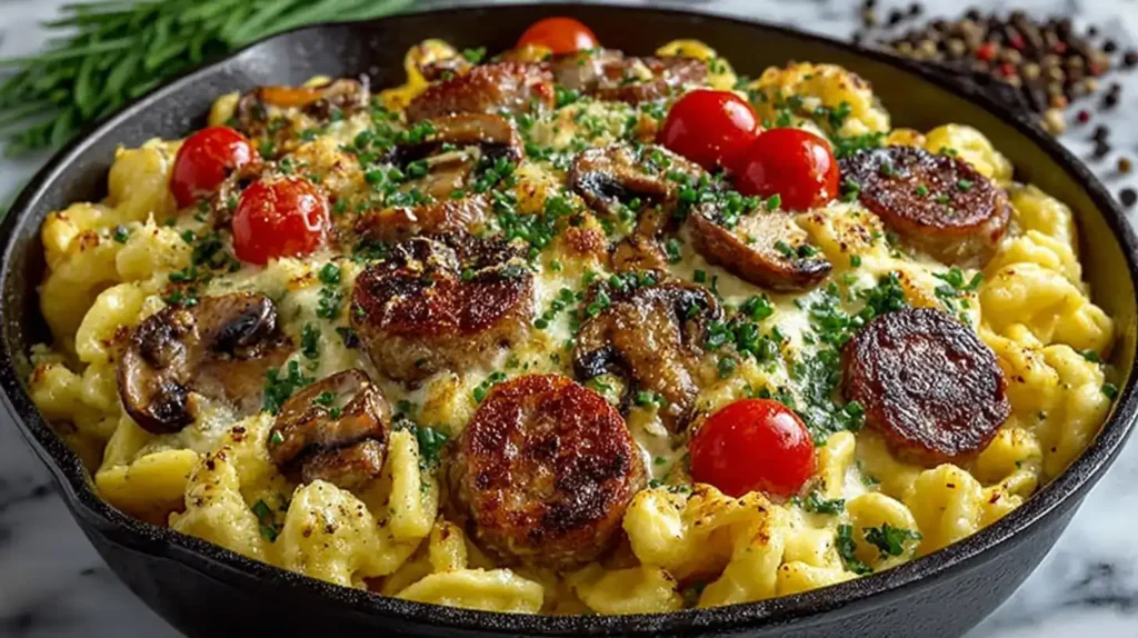 Bratwurst-Spätzlepfanne in Pfanne mit Champignons, Tomaten und Parmesan