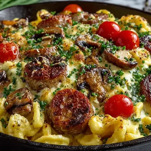 Bratwurst-Spätzlepfanne in Pfanne mit Champignons, Tomaten und Parmesan
