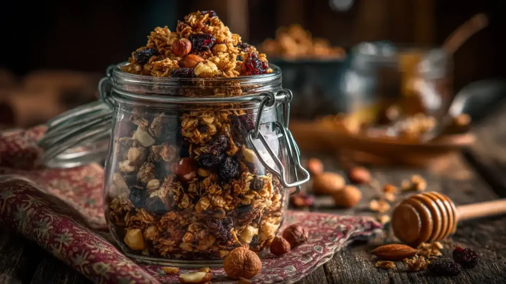 Glas Brezel-Granola mit Haferflocken, Nüssen, Cranberrys und Schokolade