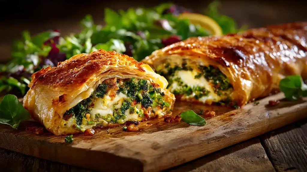 Aufgeschnittener Brokkoli-Käse-Strudel mit cremiger Käsefüllung und Mozzarella