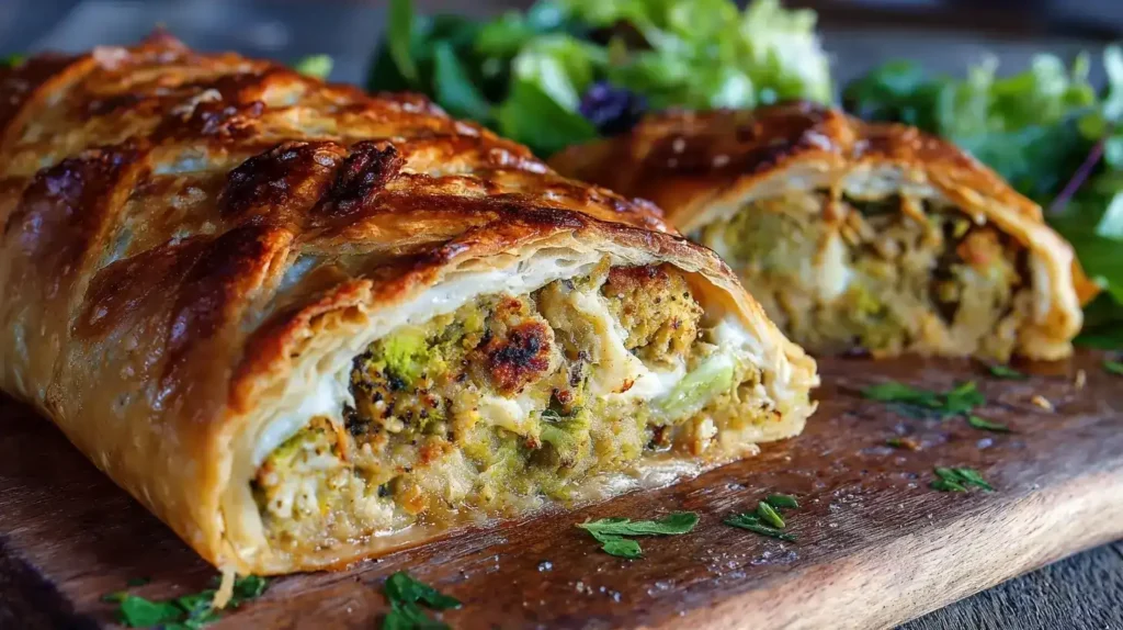Brokkoli-Käse-Strudel frisch aus dem Ofen auf einem Backblech, knusprig und goldbraun